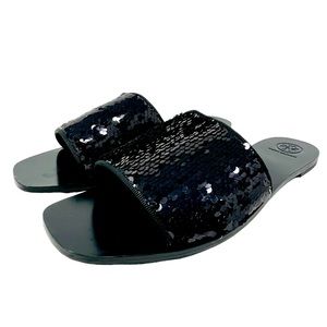 TORY BURCH Silver Black Sequin Carter Slide Sandals Shoes Size 9.5